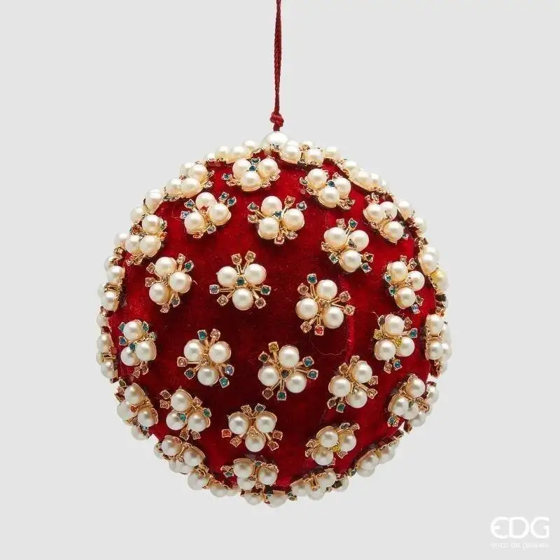 Addobbo Palla Elizabeth 10cm Rosso con Perle