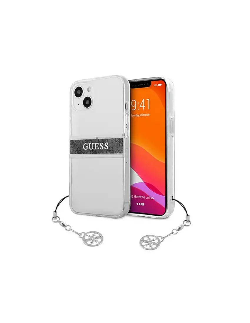 Guess 4G Stripe Grey Charm - Case for iPhone 13 mini (Transparent)