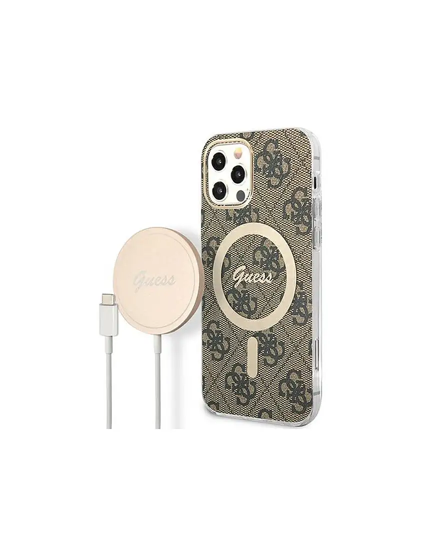 Guess Bundle Pack MagSafe 4G - Set of case for iPhone 12 / iPhone 12 Pro + MagSafe charger (Brown/Gold)