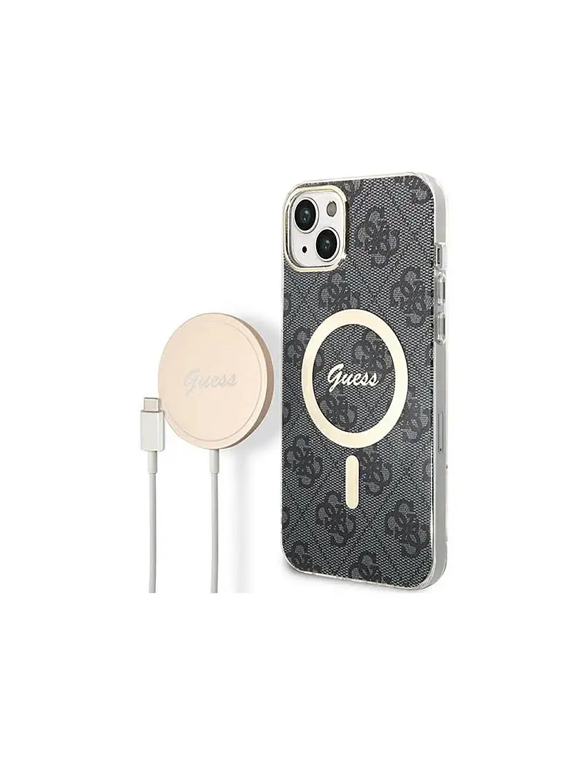 Guess Bundle Pack MagSafe 4G - Set of case for iPhone 14 Plus + MagSafe charger (Black/Gold)
