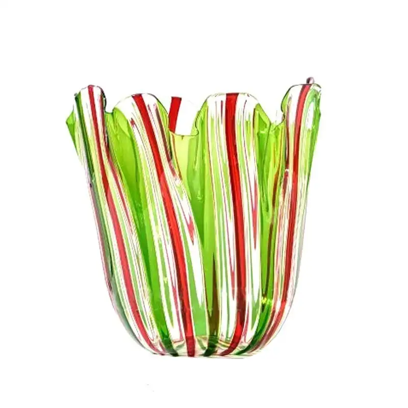 Venini vaso Fazzoletto a canne verde erba, rosso e cristallo Ø28x28cm